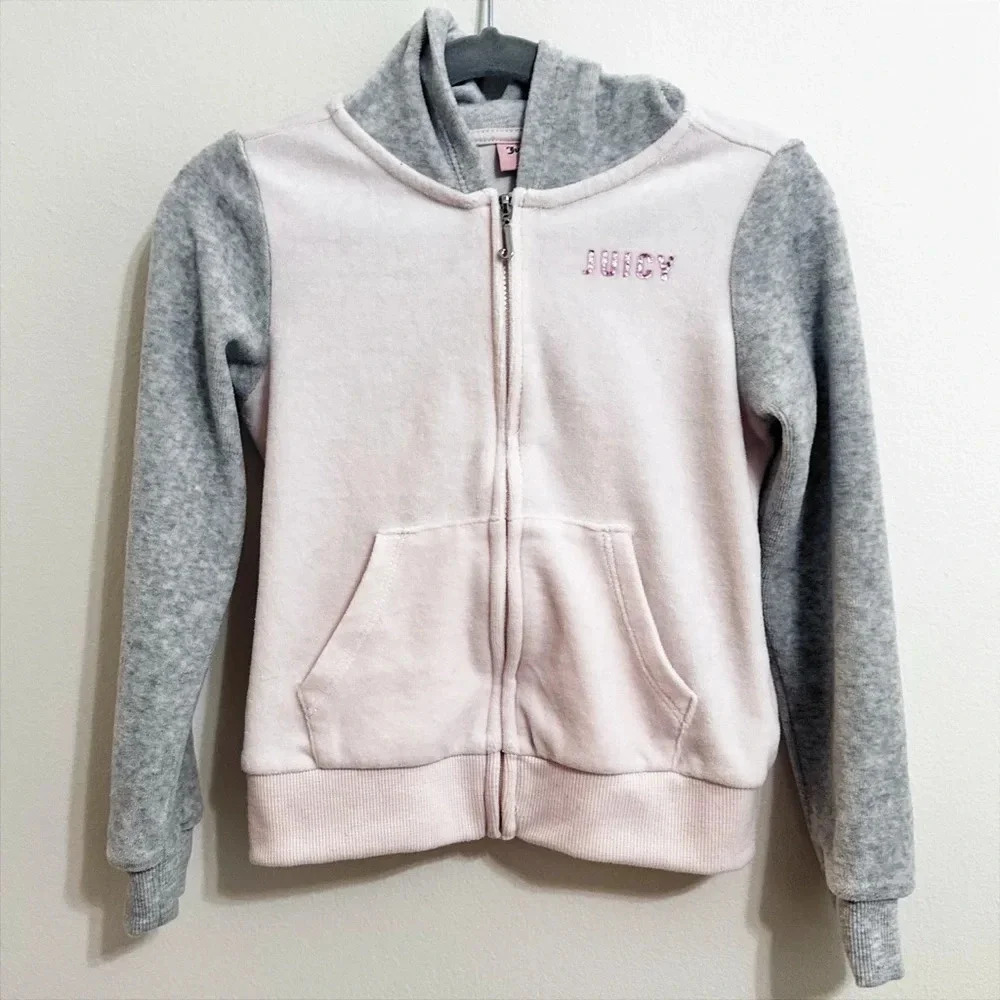 Juicy Couture Kids Pink Rhinestone Velour Zip Up Track Jacket - Size 5